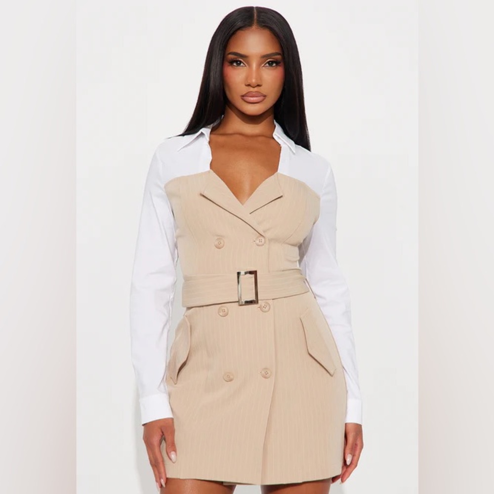 Beige and White Belted Dress Shirt